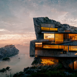 Photorealistic Artstation Modern Brutalist Villa on a Cliff Built of Durian Ski