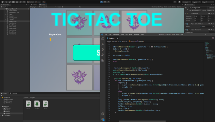 In Unity, we programmed a tic-tac-toe game.